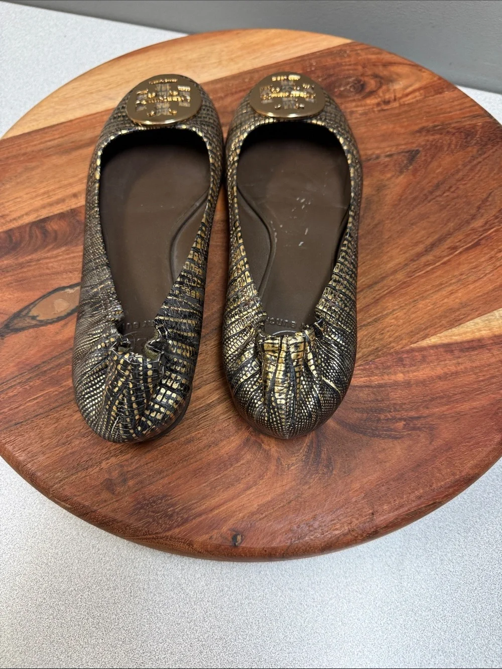 Tory Burch Reva Ballet Flats Gold Black Lizard Embossed Leather Size 7.5